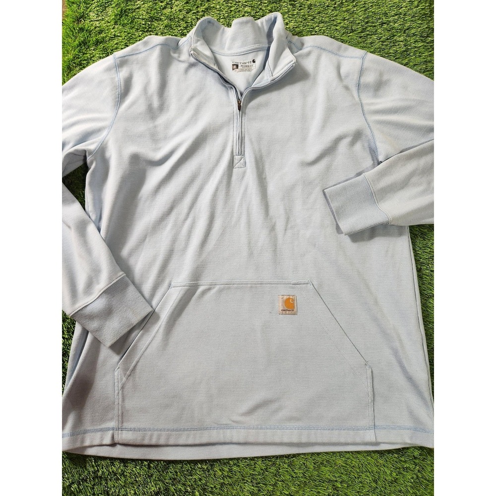 Carhartt Sweatshirt Mens XL Blue Mock Neck 1/4 Zip Thermal Kangaroo Pocket Logo‎